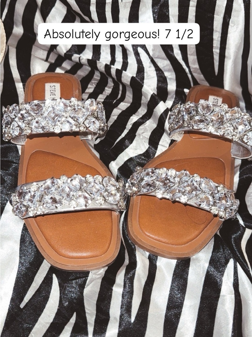 Steve Madden Crystal-Embellished Tan Slide Sandals